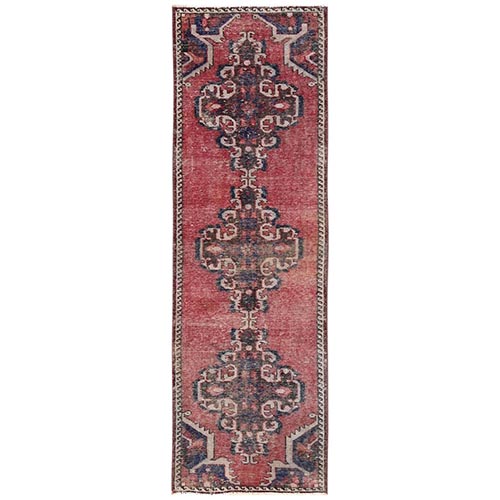 Blush Red, Vintage Persian Bakhtiyar with Large Medallions, Worn Down and Distressed, 100% Wool, Hand Knotted, Zero Pile, Sides and Ends Professionally Secured, Narrow Runner, Oriental 