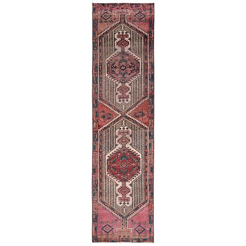 Blush Pink, Vintage Persian Serab with Large Geometric Medallions, Worn Down and Distressed, 100% Wool, Hand Knotted, Zero Pile, Sides and Ends Professionally Secured, Narrow Runner, Oriental 