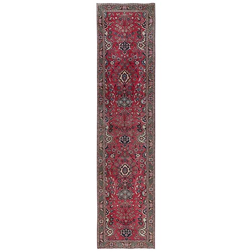 Rose Red, Vintage Persian Tabriz with All Over Design, Worn Down and Distressed, 100% Wool, Hand Knotted, Zero Pile, Sides and Ends Professionally Secured, Runner, Oriental 