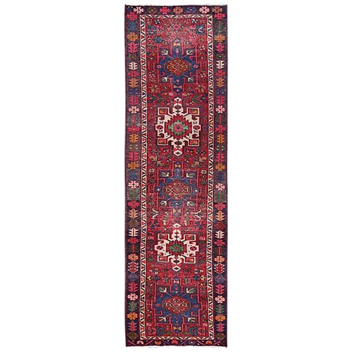 Scarlet Red, Zero Pile, Sides and Ends Professionally Secured, Vintage Persian Karajeh with Geometric Medallions, Worn Down and Distressed, 100% Wool, Hand Knotted, Runner, Oriental 