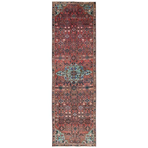Brick Red, 100% Wool, Hand Knotted, Vintage Persian Bakhtiar with All Over Design, Worn Down and Distressed, Zero Pile, Sides and Ends Professionally Secured, Runner, Oriental 