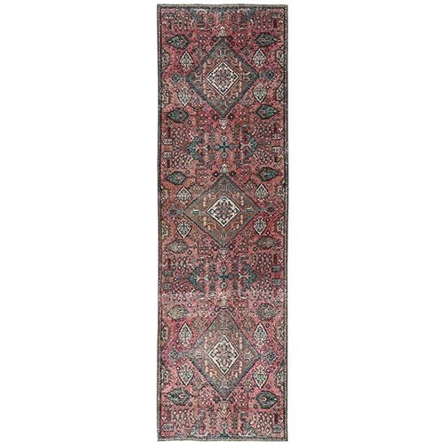 Blush Red, Vintage Persian Tabriz with Geometric Medallions, Worn Down and Distressed, 100% Wool, Hand Knotted, Zero Pile, Sides and Ends Professionally Secured, Runner, Oriental 