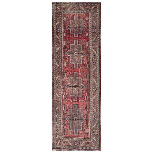 Rhubarb Red, Zero Pile, Sides and Ends Professionally Secured, Vintage Persian Tabriz with Geometric Medallions, Worn Down and Distressed, 100% Wool, Hand Knotted, Runner, Oriental 