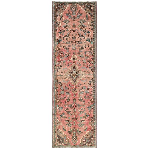 Coral Pink, Vintage Persian Lilahan with All Over Design, Worn Down and Distressed, 100% Wool, Hand Knotted, Zero Pile, Sides and Ends Professionally Secured, Runner, Oriental 