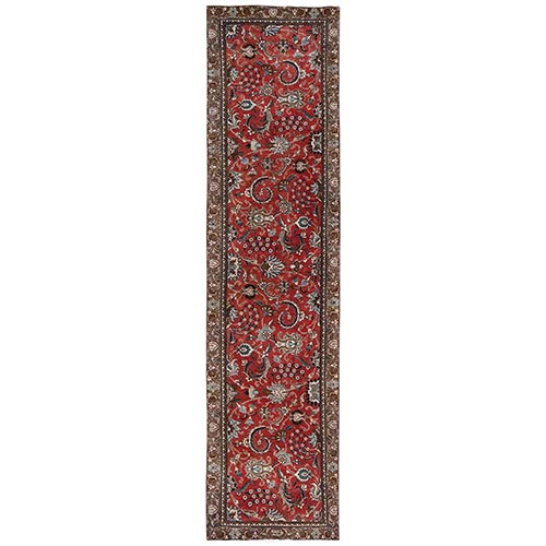 Crimson Red, Vintage Persian Kashan with All Over Design, Worn and Distressed, Sheared Low, Zero Pile, Sides and Ends Professionally Secured, Hand Knotted, 100% Wool, Runner, Oriental 