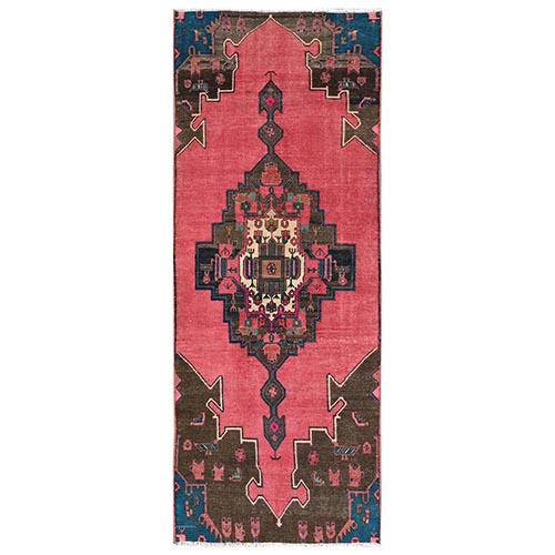 Rouge Pink, Vintage Persian Hamadan with Open Field Design, Worn Down and Distressed, 100% Wool, Hand Knotted, Zero Pile, Sides and Ends Professionally Secured, Runner, Oriental 