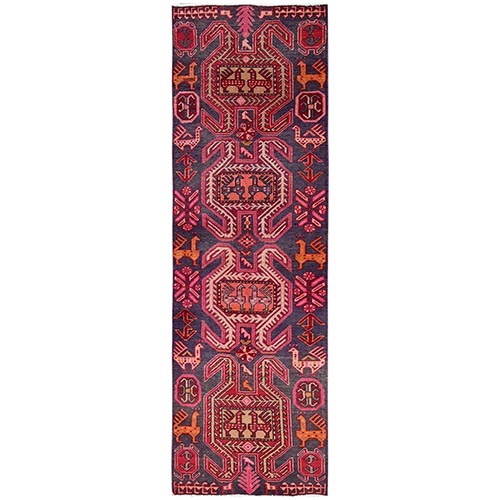 Grape Purple, Worn Down and Distressed, 100% Wool, Vintage Northwest Persian with Geometric Medallions, Hand Knotted, Zero Pile, Sides and Ends Professionally Secured, Runner, Oriental 