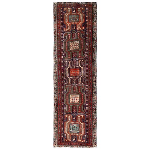 Dark Mulberry Purple, 100% Wool, Vintage Northwest Persian with Geometric Medallions, Worn Down and Distressed, Hand Knotted, Zero Pile, Sides and Ends Professionally Secured, Runner, Oriental 
