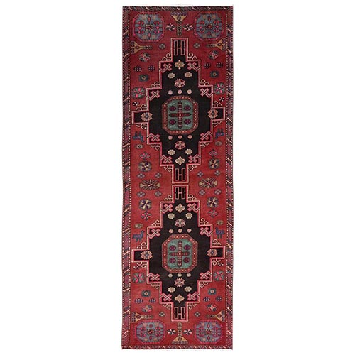 Savvy Red, Worn Down and Distressed, Hand Knotted, Zero Pile, Vintage Persian Heriz with Large Geometric Medallions, 100% Wool, Sides and Ends Professionally Secured, Runner, Oriental 