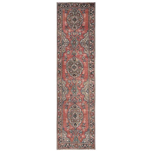 Amber Orange, Hand Knotted, Zero Pile, Vintage Persian Tabriz with Flower Medallions, Worn Down and Distressed, 100% Wool, Sides and Ends Professionally Secured, Runner, Oriental 