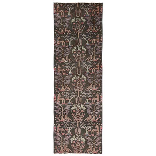 Chocolate Brown, Hand Knotted, Zero Pile, Vintage Persian Tabriz with Willow Tree Design, Worn Down and Distressed, 100% Wool, Sides and Ends Professionally Secured, Runner, Oriental 