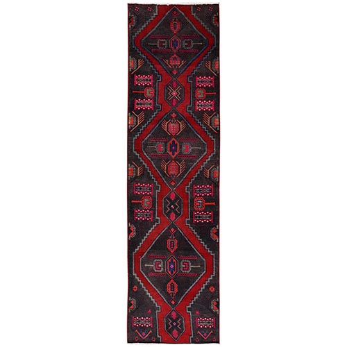 Chocolate Brown, Vintage Persian Hamadan with Serrated Medallions, Hand Knotted, Zero Pile, Worn Down and Distressed, 100% Wool, Sides and Ends Professionally Secured, Runner, Oriental 