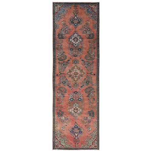 Amber Orange, Vintage Persian Lilahan, Worn and Distressed, Sheared Low, Zero Pile, Sides and Ends Professionally Secured, Hand Knotted, 100% Wool, Runner, Oriental 