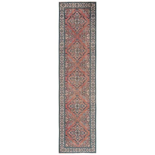 Coral Pink, Vintage Persian Tabriz with Flower Medallions, Sheared Low, 100% Wool, Hand Knotted, Zero Pile, Sides and Ends Professionally Secured, Runner, Oriental 