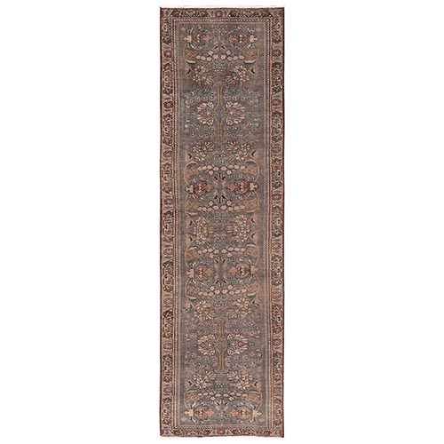 Beaver Brown, Silver Wash Vintage Persian Tabriz with All Over Design, Worn Down and Distressed, Hand Knotted, Zero Pile, 100% Wool, Sides and Ends Professionally Secured, Runner, Oriental 