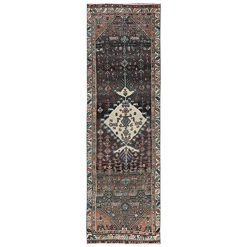 Chocolate Brown, Hand Knotted, Zero Pile, Vintage Persian Bibikabad with Distinct Abrash, Worn Down and Distressed, 100% Wool, Sides and Ends Professionally Secured, Runner, Oriental 