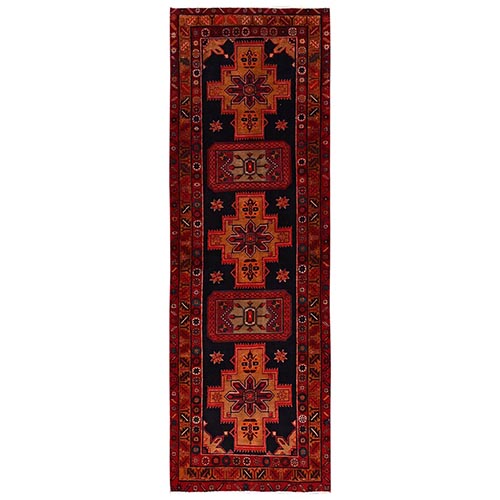 Midnight Black, Hand Knotted, Zero Pile, Vintage Persian Heriz with Geometric Medallions, Worn Down and Distressed, 100% Wool, Sides and Ends Professionally Secured, Runner, Oriental 