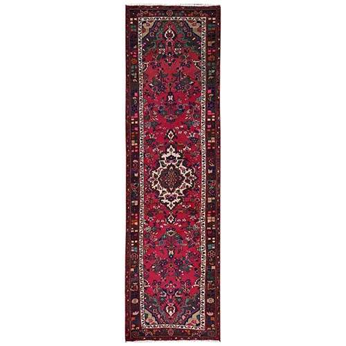 Scarlet Red, 100% Wool, Hand Knotted, Zero Pile, Vintage Persian Bibikabad with All Over Design, Worn Down and Distressed, Sides and Ends Professionally Secured, Runner, Oriental 