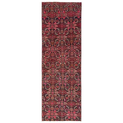 Chocolate Brown, Vintage Persian Tabriz Fragment with Fish All Over Design, Worn Down and Distressed, Hand Knotted, Zero Pile, 100% Wool, Sides and Ends Professionally Secured, Runner, Oriental 