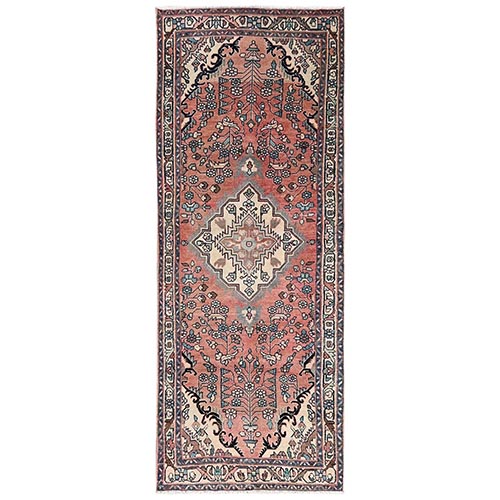 Peach Color, Hand Knotted, Zero Pile, Vintage Persian Malayer with Geometric Medallion, Worn Down and Distressed, 100% Wool, Sides and Ends Professionally Secured, Runner, Oriental 