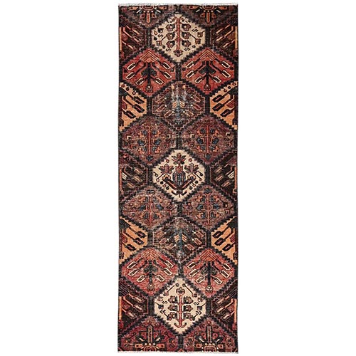 Shades of Brown, Vintage Persian Bakhtiar with Garden Design, Worn Down and Distressed, 100% Wool, Hand Knotted, Zero Pile, Sides and Ends Professionally Secured, Runner, Oriental 