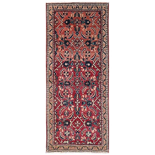 Crimson Red, Vintage Persian Bijar with All Over Design, Distinct Abrash, Worn Down and Distressed, 100% Wool, Hand Knotted, Zero Pile, Sides and Ends Professionally Secured, Runner, Oriental 