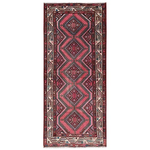 Punch Pink, Vintage Persian Hamadan with Geometric Medallions, Hand Knotted, 100% Wool, Distressed, Sheared Low, Zero Pile, Sides and Ends Professionally Secured, Runner, Oriental 