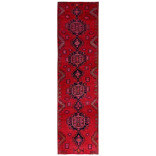Candy Red, Overdyed Vintage Northwest Persian with Geometric Medallions, Worn and Distressed, Sheared Low, Zero Pile, Sides and Ends Professionally Secured, Hand Knotted, 100% Wool, Runner, Oriental 
