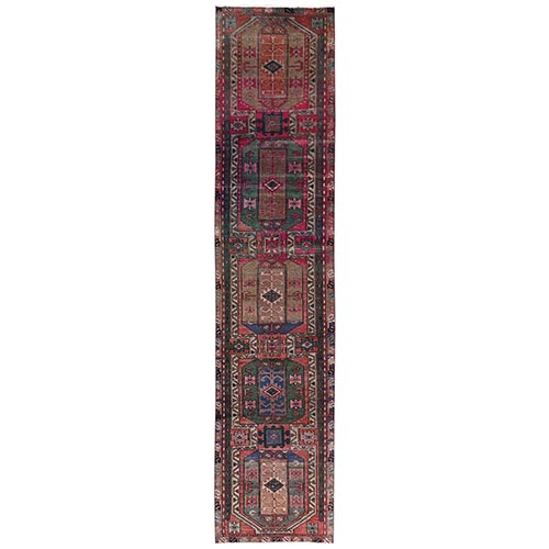 Blush Red, Vintage Northwest Persian with Geometric Pattern, Distressed, Cropped Thin, 100% Wool, Hand Knotted, Zero Pile, Sides and Ends Professionally Secured, Runner, Oriental 
