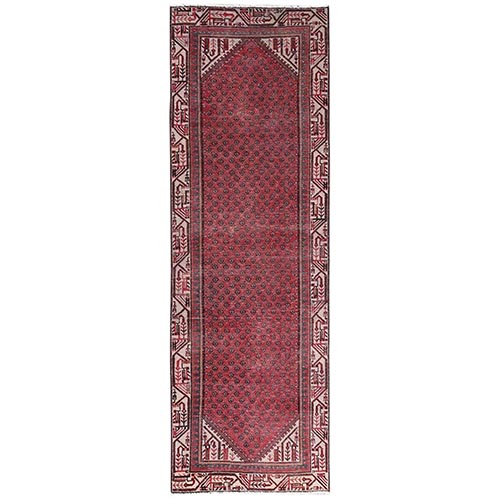 Crimson Red, Vintage Persian Sarouk Mir with Boteh Design, Distressed, Cropped Thin, 100% Wool, Hand Knotted, Zero Pile, Sides and Ends Professionally Secured, Runner, Oriental 