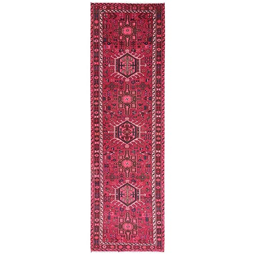 Hot Pink, Vintage Persian Karajeh with Geometric Medallions, Worn Down and Distressed, 100% Wool, Hand Knotted, Zero Pile, Sides and Ends Professionally Secured, Runner, Oriental 