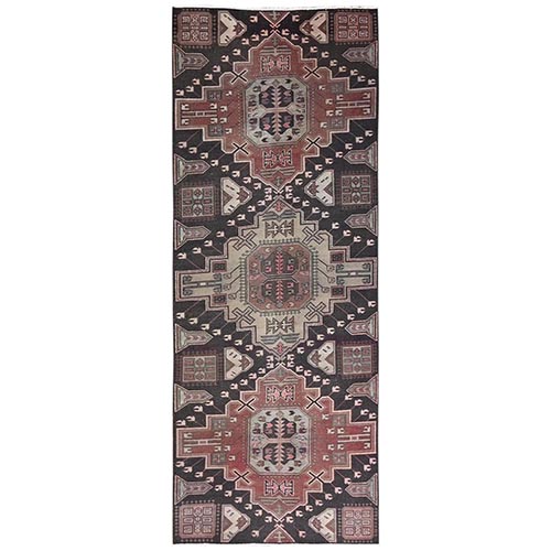 Umber Brown, Vintage Northwest Persian with Geometric Pattern, Worn Down and Distressed, 100% Wool, Hand Knotted, Zero Pile, Sides and Ends Professionally Secured, Runner, Oriental 