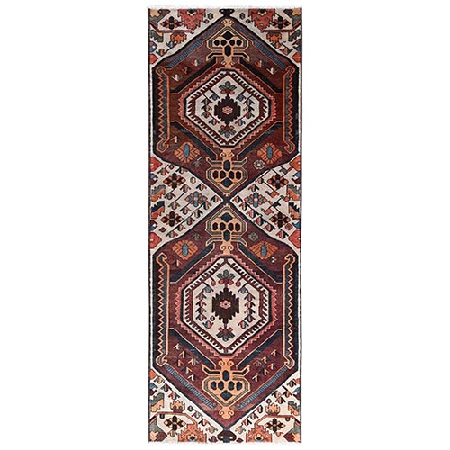 Ivory with Brown, Vintage Persian Bakhtiar, Geometric Pattern, Worn Down and Distressed, 100% Wool, Hand Knotted, Zero Pile, Sides and Ends Professionally Secured, Runner, Oriental 