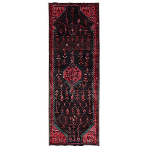 Chocolate Brown, Vintage Persian Hamadan with Geometric Medallion, Sheared Low and Distressed, 100% Wool, Hand Knotted, Zero Pile, Sides and Ends Professionally Secured, Runner, Oriental 