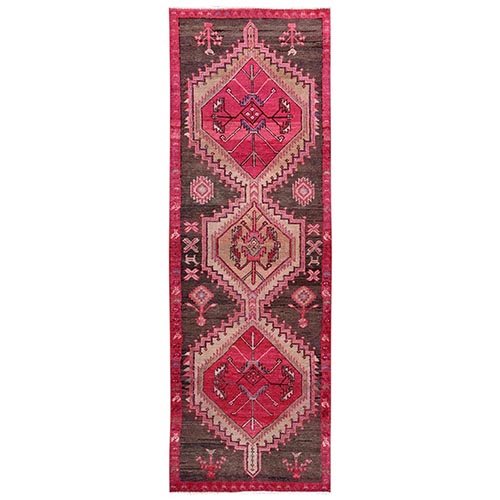 Brown with Pink, Overdyed Vintage Persian Hamadan, Worn and Distressed, Hand Knotted, 100% Wool, Cropped Thin, Zero Pile, Sides and Ends Professionally Secured, Clean, Runner, Oriental 