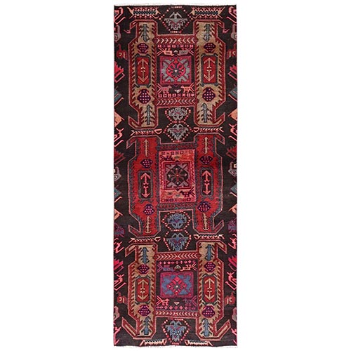 Crimson Red, Overdyed Vintage Northwest Persian, Worn and Distressed, Hand Knotted, 100% Wool, Cropped Thin, Zero Pile, Sides and Ends Professionally Secured, Clean, Runner, Oriental 
