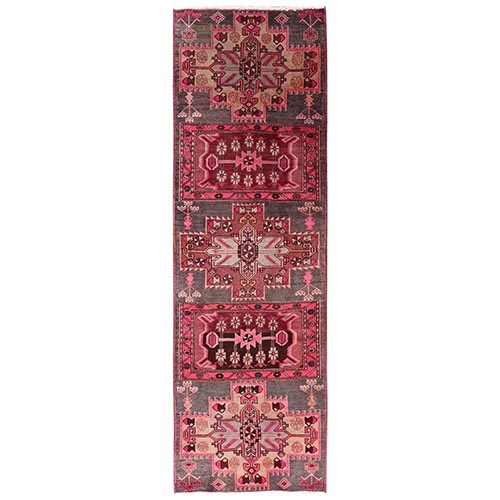 Rouge Pink, Vintage Northwest Persian with Geometric Medallion Design, Distinct Abrash, Worn and Distressed, Sheared Low, Zero Pile, Sides and Ends Professionally Secured, Hand Knotted, 100% Wool, Runner, Oriental 