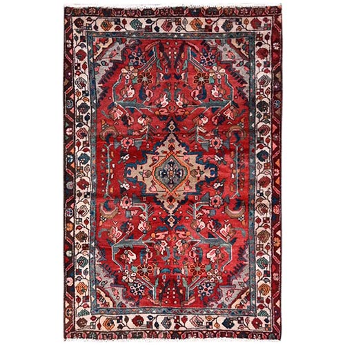 Angels Red, Vintage Persian Bakhtiar with Geometric Medallion, Hand Knotted, 100% Wool, Worn and Distressed, Sheared Low, Zero Pile, Sides and Ends Professionally Secured, Oriental 