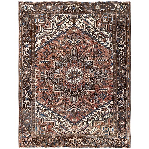 Amber Brown, Vintage Persian Heriz with Geometric Medallion Design, Sheared Low, Sides and Ends Professionally Secured, Clean, Hand Knotted, 100% Wool, Oriental 