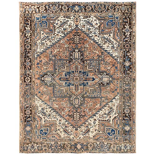 Peach Color, Vintage Persian Heriz with Geometric Medallion Design, Worn Down, Sides and Ends Professionally Secured, Clean, Hand Knotted, 100% Wool, Oriental 