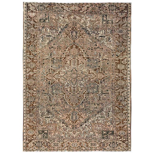 Burro Brown, Vintage and Worn, Persian Heriz with Geometric Medallion Design, Shaved Down, Sides and Ends Professionally Secured, Clean, Hand Knotted, 100% Wool, Oriental 