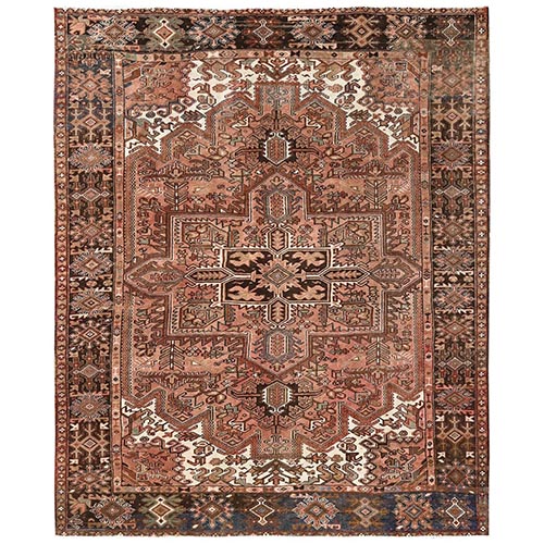 Umber Brown, Vintage and Worn, Persian Heriz with Geometric Medallion Design, Shaved Down, Sides and Ends Professionally Secured, Clean, Hand Knotted, 100% Wool, Oriental 