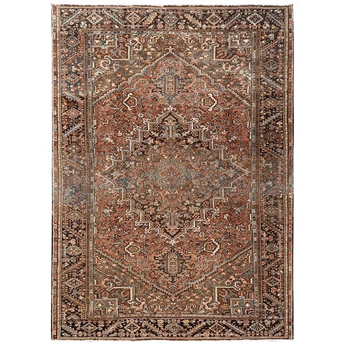Umber Brown, Vintage Persian Heriz with Geometric Medallion Design, Sheared Low, Sides and Ends Professionally Secured, Clean, Hand Knotted, 100% Wool, Oriental 