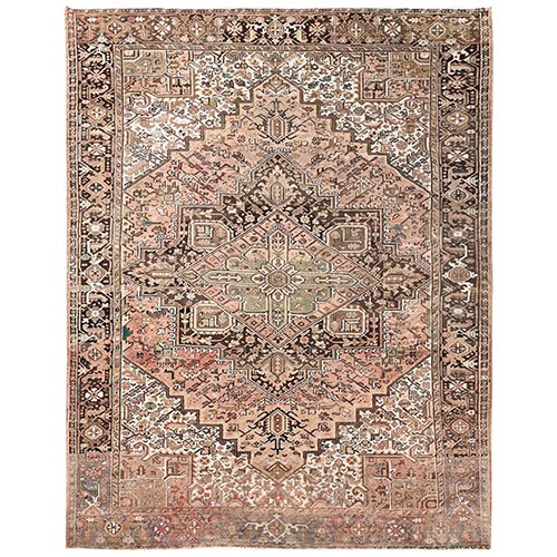 Coral Pink, Vintage and Worn, Persian Heriz with Geometric Medallion Design, Shaved Down, Sides and Ends Professionally Secured, Clean, Hand Knotted, 100% Wool, Oriental 
