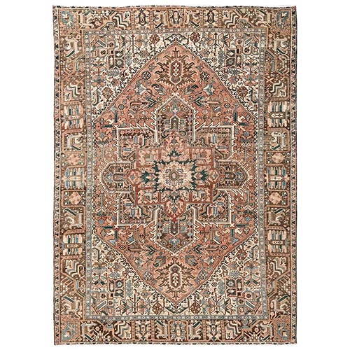 Coral Pink, Vintage Persian Heriz with Geometric Medallion Design, Worn Down, Sides and Ends Professionally Secured, Clean, Hand Knotted, 100% Wool, Oriental 