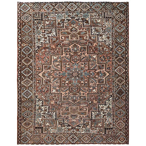 Sierra Brown, Vintage and Worn, Persian Heriz with Geometric Medallion Design, Shaved Down, Sides and Ends Professionally Secured, Clean, Hand Knotted, 100% Wool, Oriental 