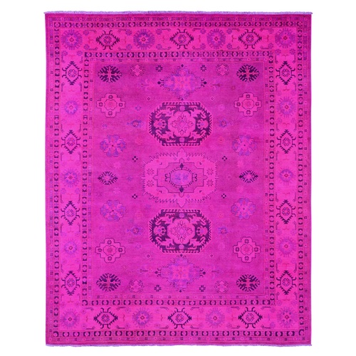 Hot Pink, Overdyed Kazak with Geometric Medallions Design, Hand Knotted, 100% Wool, Oriental 