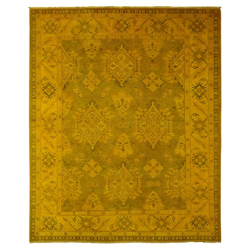 Golden Yellow, Overdyed Kazak with Geometric Medallions Design, 100% Wool, Hand Knotted, Oriental 