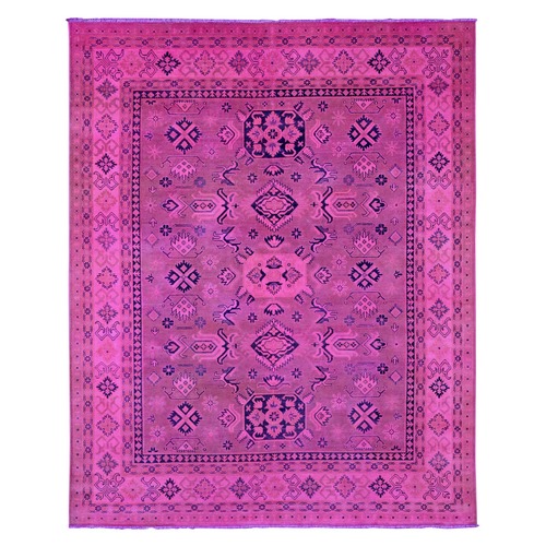 Fuscia Pink, Overdyed Kazak with Tribal Medallions Design, Pure Wool, Hand Knotted, Oriental 