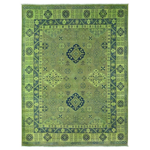 Olive Green, Hand Knotted, Overdyed Kazak with Tribal Design, Pure Wool, Oriental 